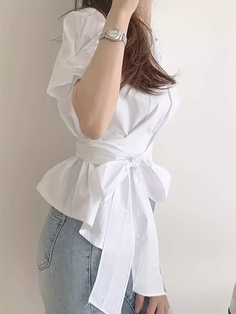 Elegant Blus Dam med Puffiga Ärmar i Bomullsblandning – Smickrande Passform för Formella och Avslappnade Tillfällen 2