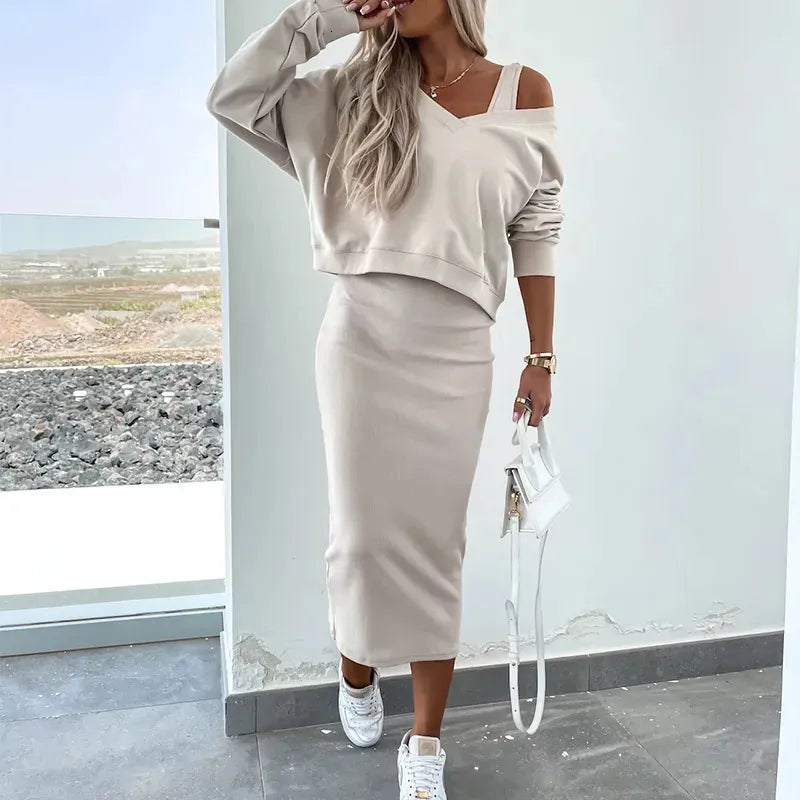 Dam MIDI Klänning och Tröja Polyester Elegant Fina Klänningar-4