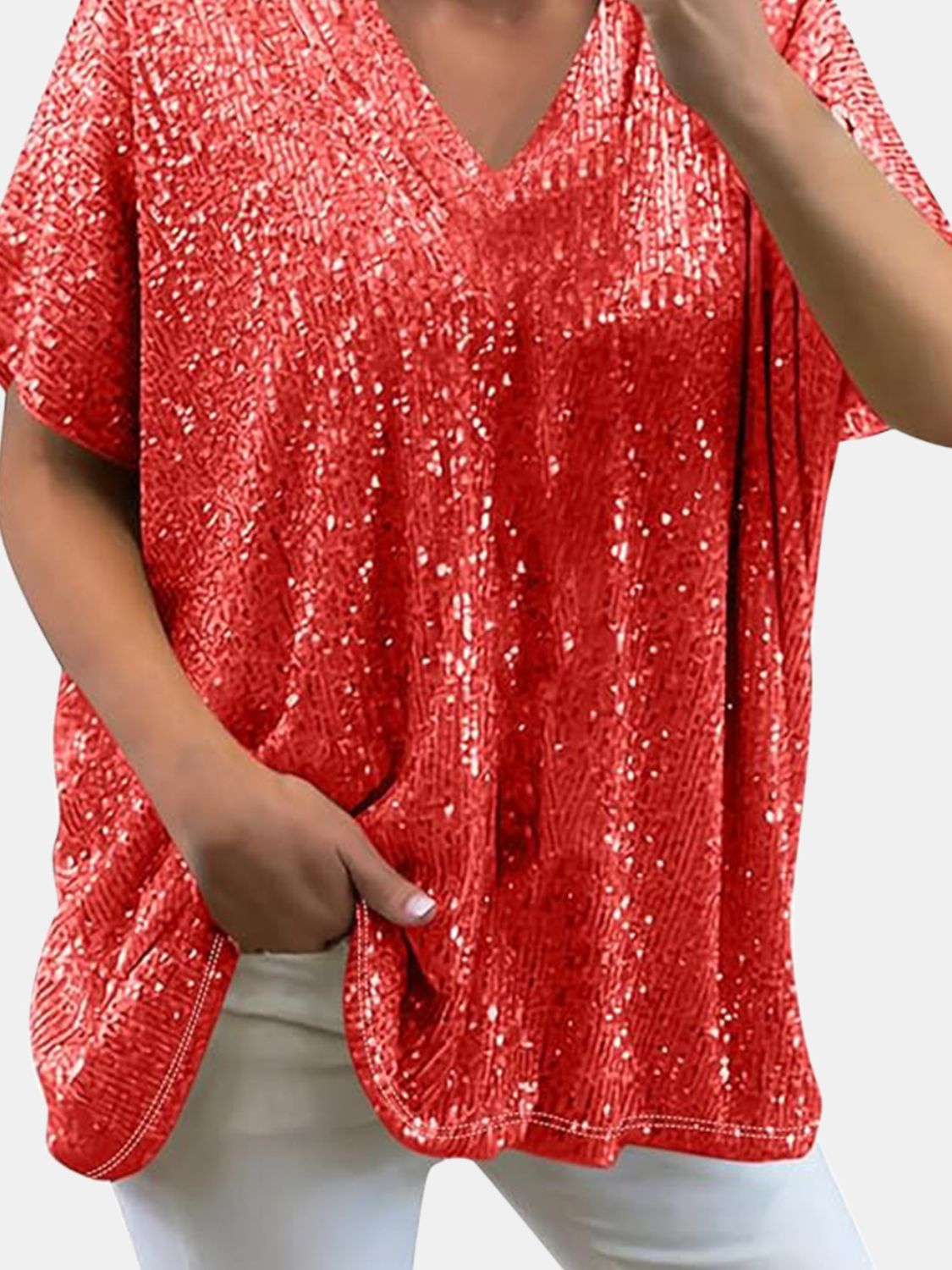 Kortärmad Blus Dam V-ringning med Paljetter i Polyester-5