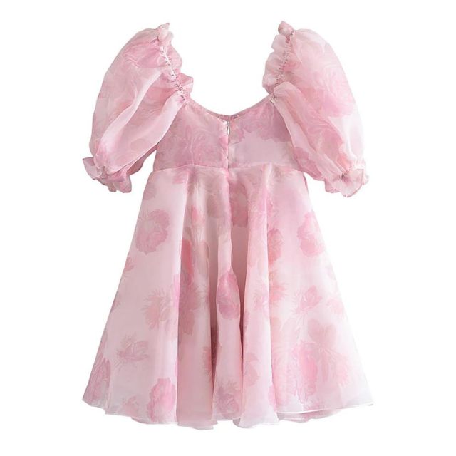 Kvinna Klänning Blommönster Puffärmar Organza-5