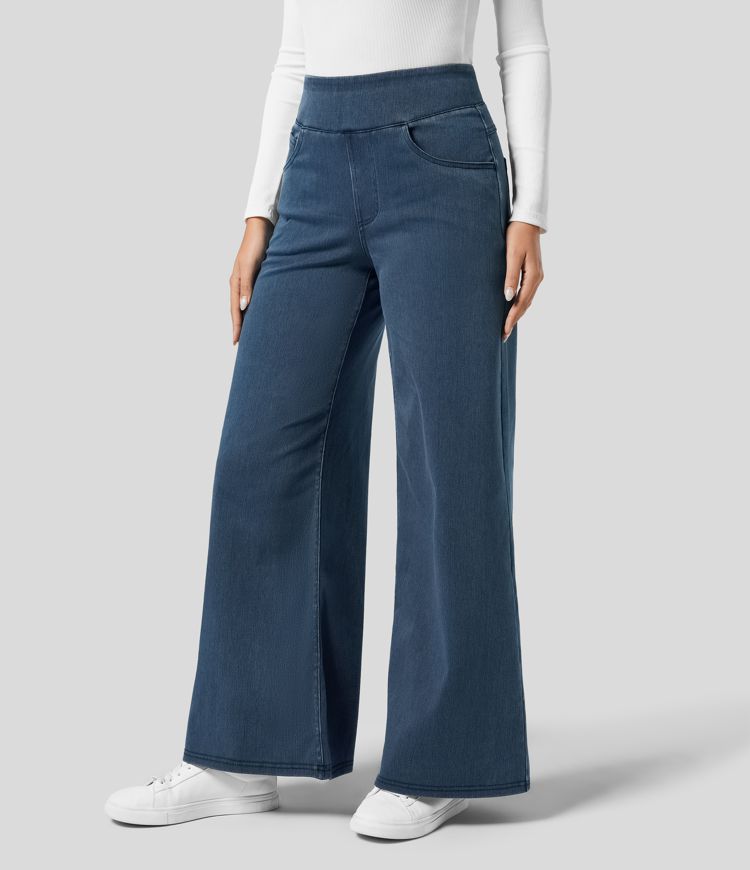 Kvinnors Breda Byxor Hög Midja Elastisk Polyester-3