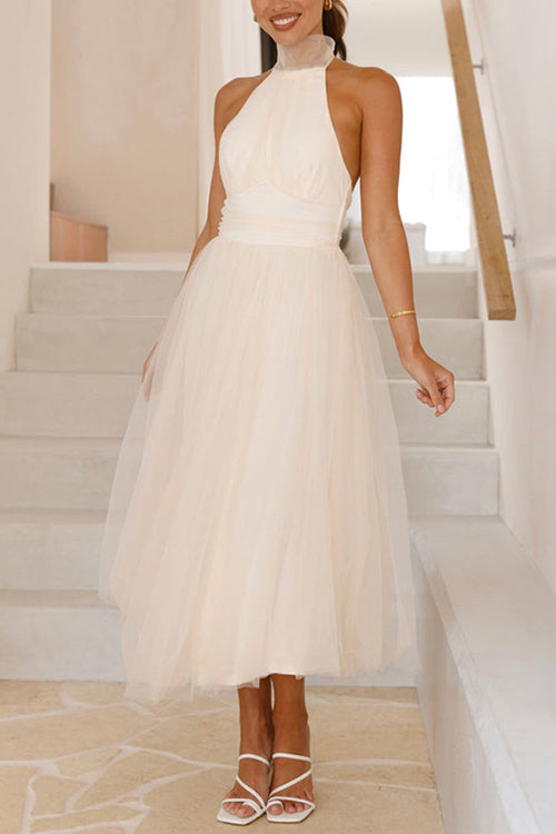 Kvinna Midi Klänning Halterneck Tyll-2