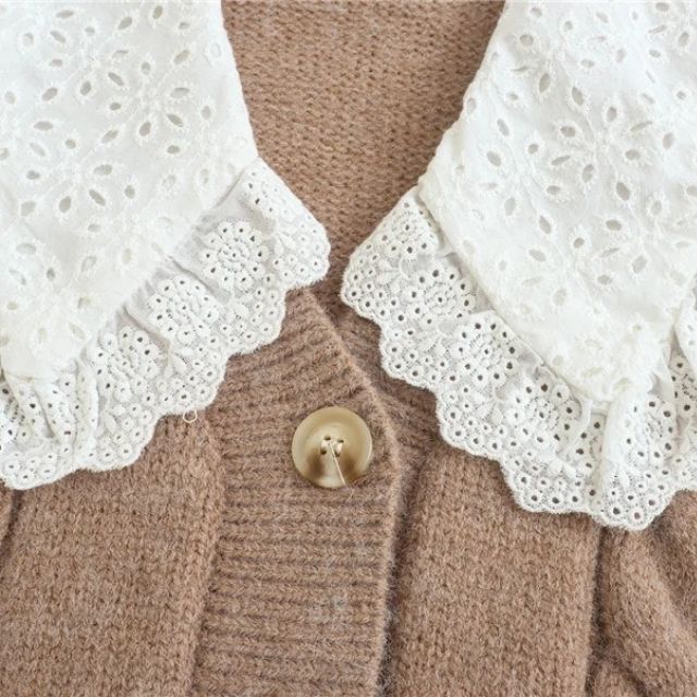 Dam Cardigan Flätmönster Spetsig Krage 100% Akryl 3