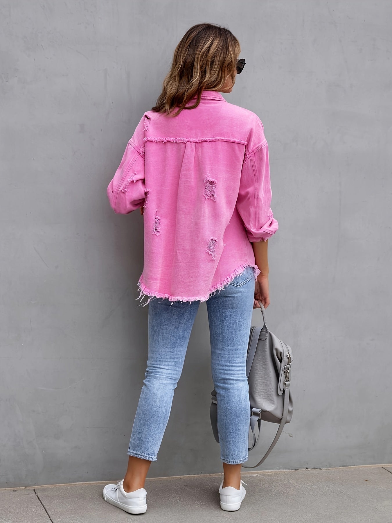 Överdimensionerad Denimjacka Damer Rippade Detaljer Högkvalitativ Denim 3
