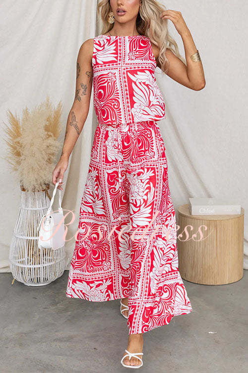 Dam Skördetopp och Tryckta Byxor med Elastisk Midja i Bomull och Polyester-3