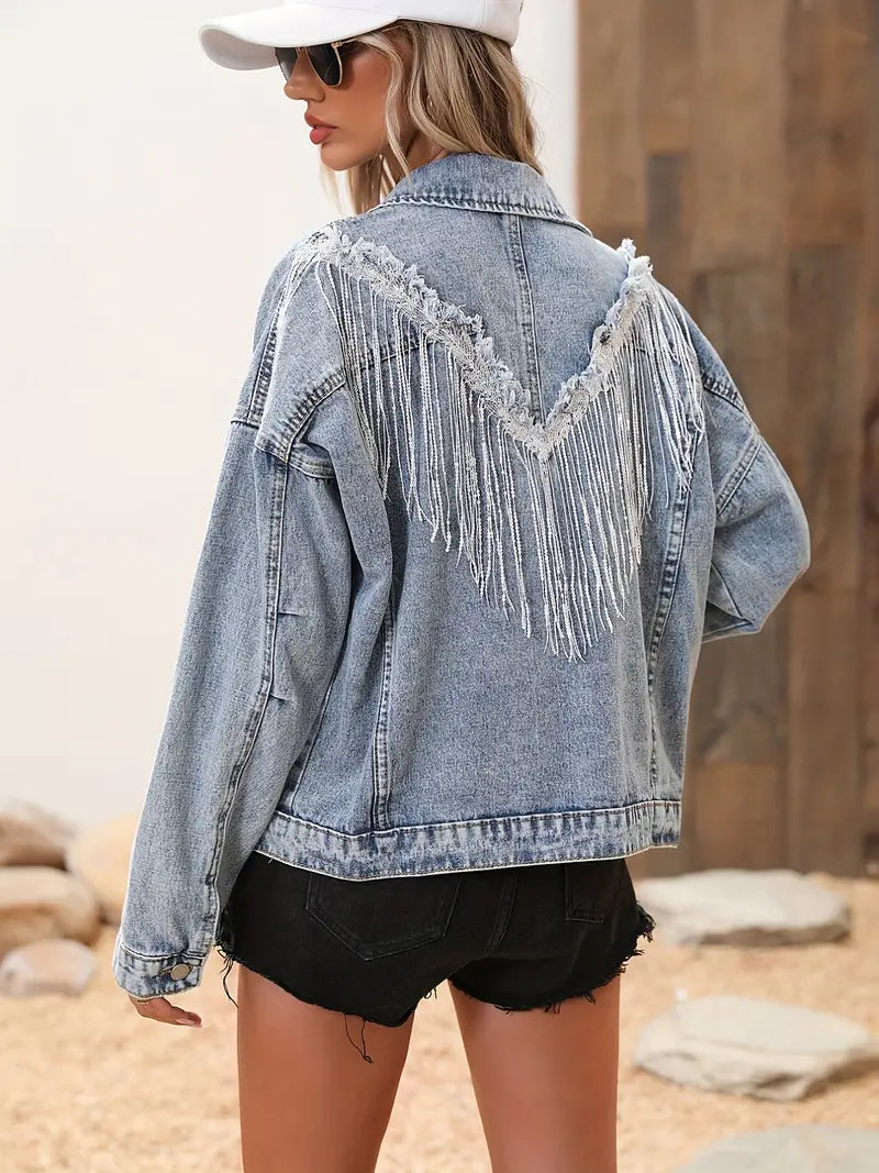 Lång Jeansjacka Dam Med Fransar Och Paljetter I Högkvalitativ Denim 2
