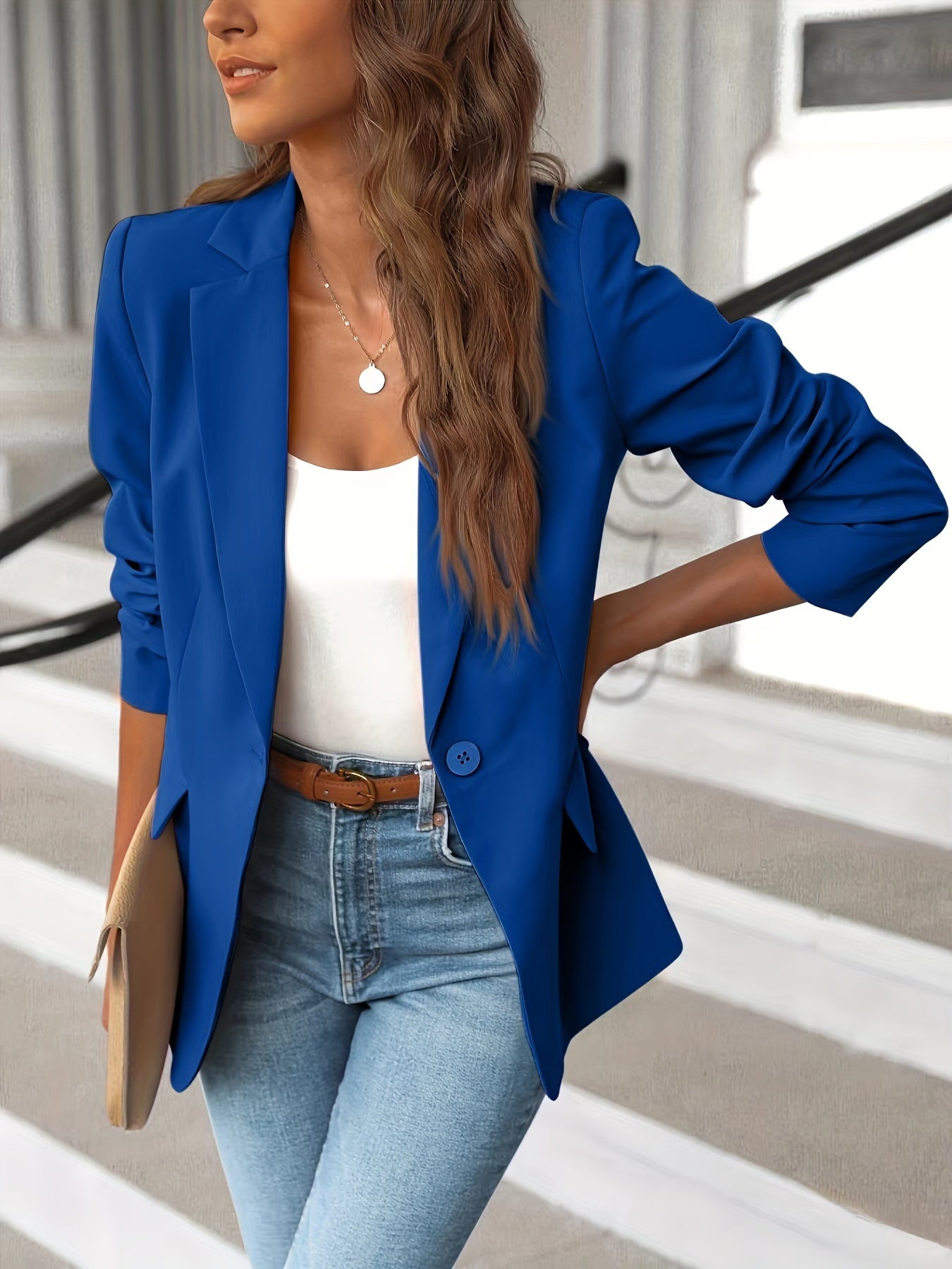 Kvinnors Klassisk Blazer Mjuk Blandningstyg med Sidofickor-3
