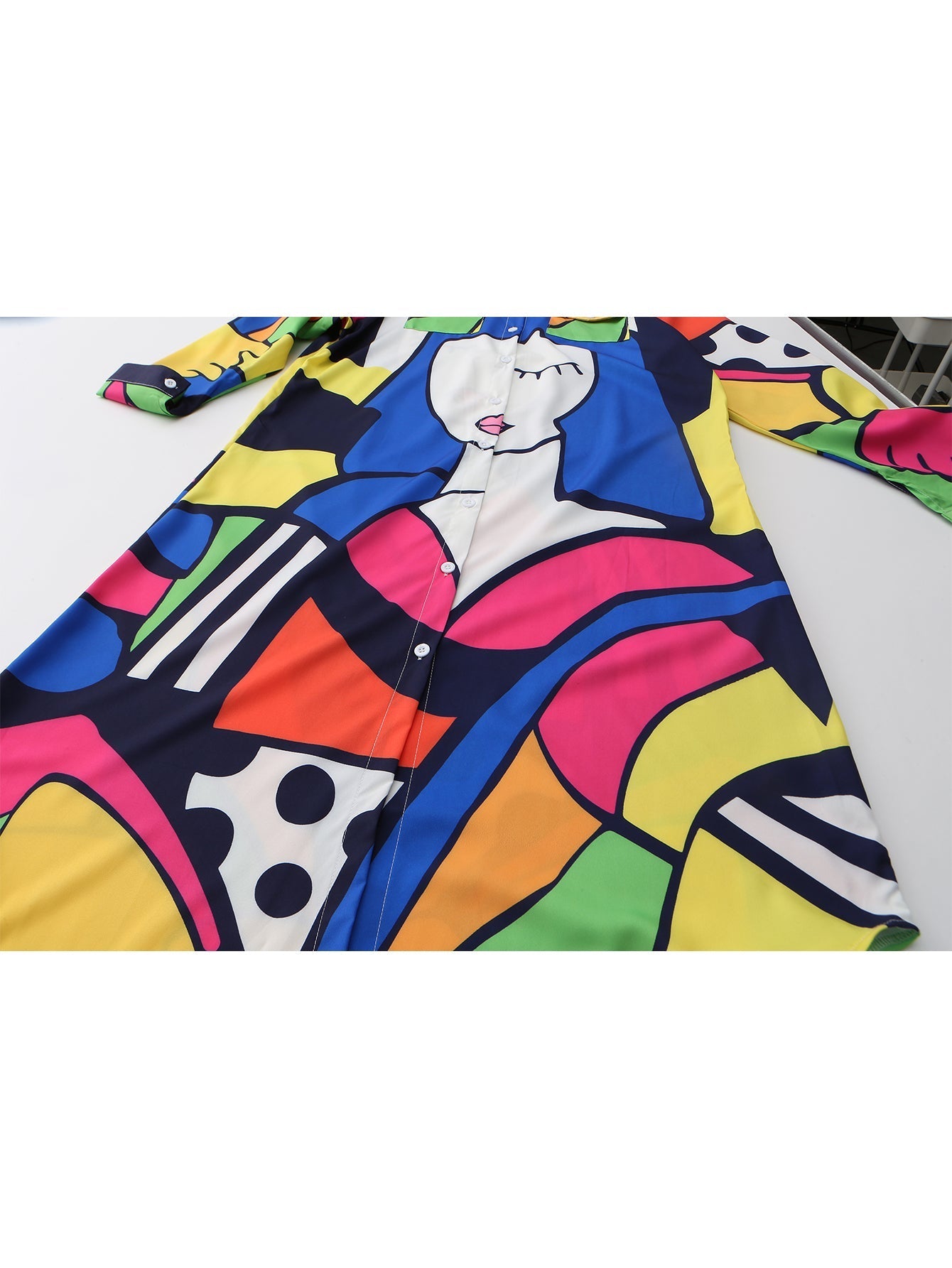 Damklänning Lång Ärmskjorta Polyester med Ansiktsmönster-5