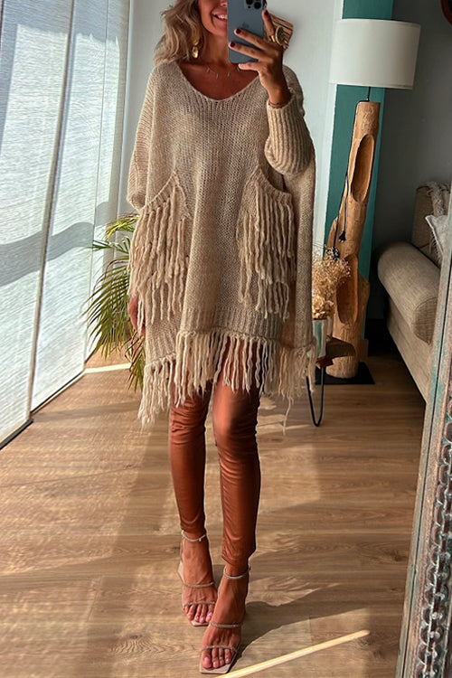 Dam Tröja Dolmanärm med Fickor och Avtagbara Tofsar i Bomull och Polyester-6