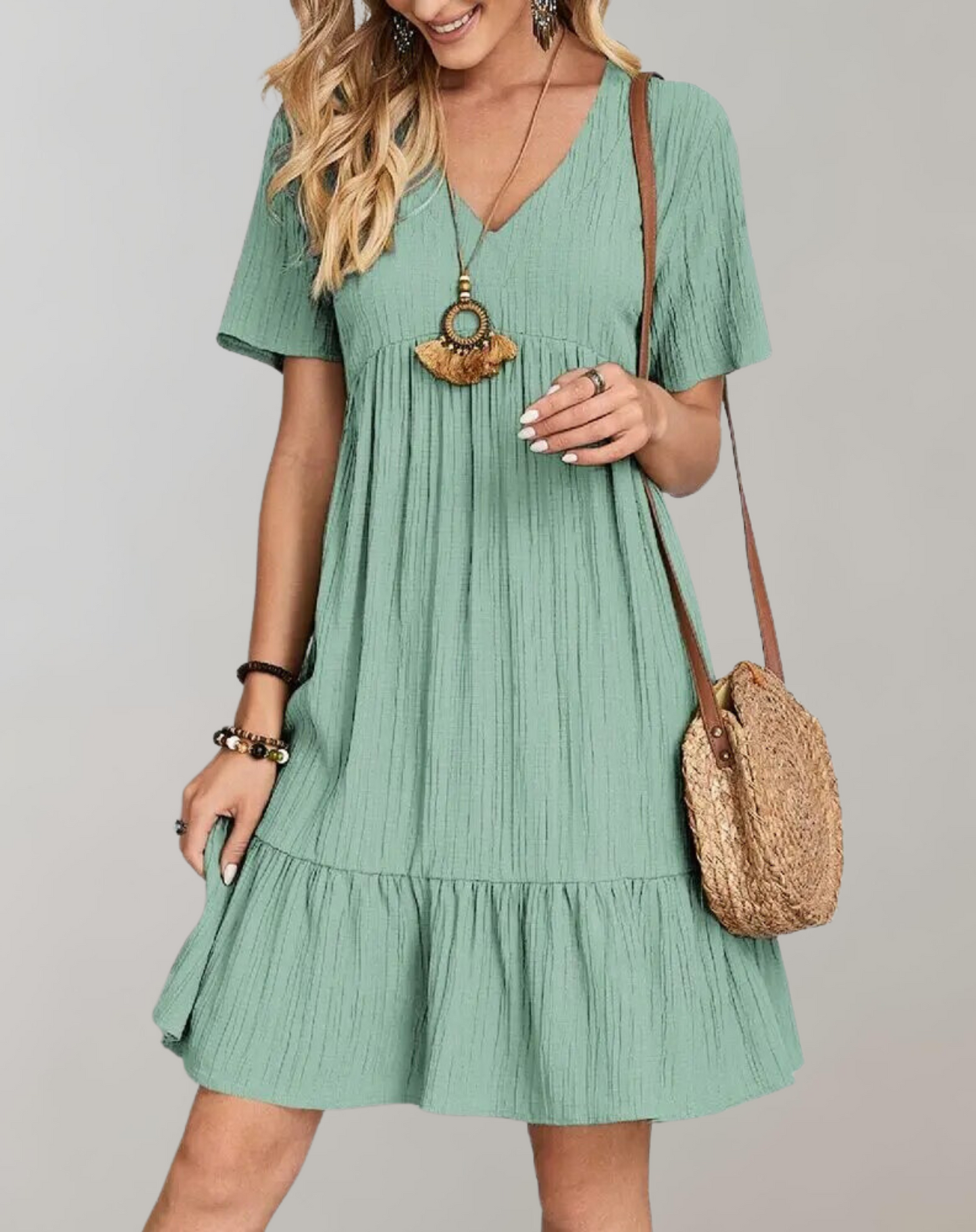 Kvinnor Miniklänning V-hals Rufflar Bomull Avslappnad Passform 4