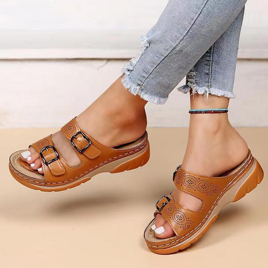 Dam Sandaler Ortopediska LÀder BekvÀma med KardborrfÀste-1