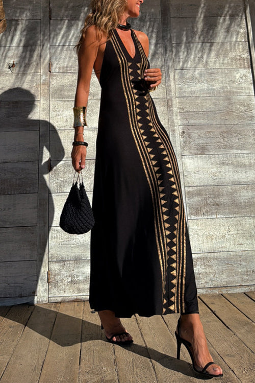 Lång Klänning Dam Maxi Klänning Öppen Rygg Halter Design Bomull Polyester-6