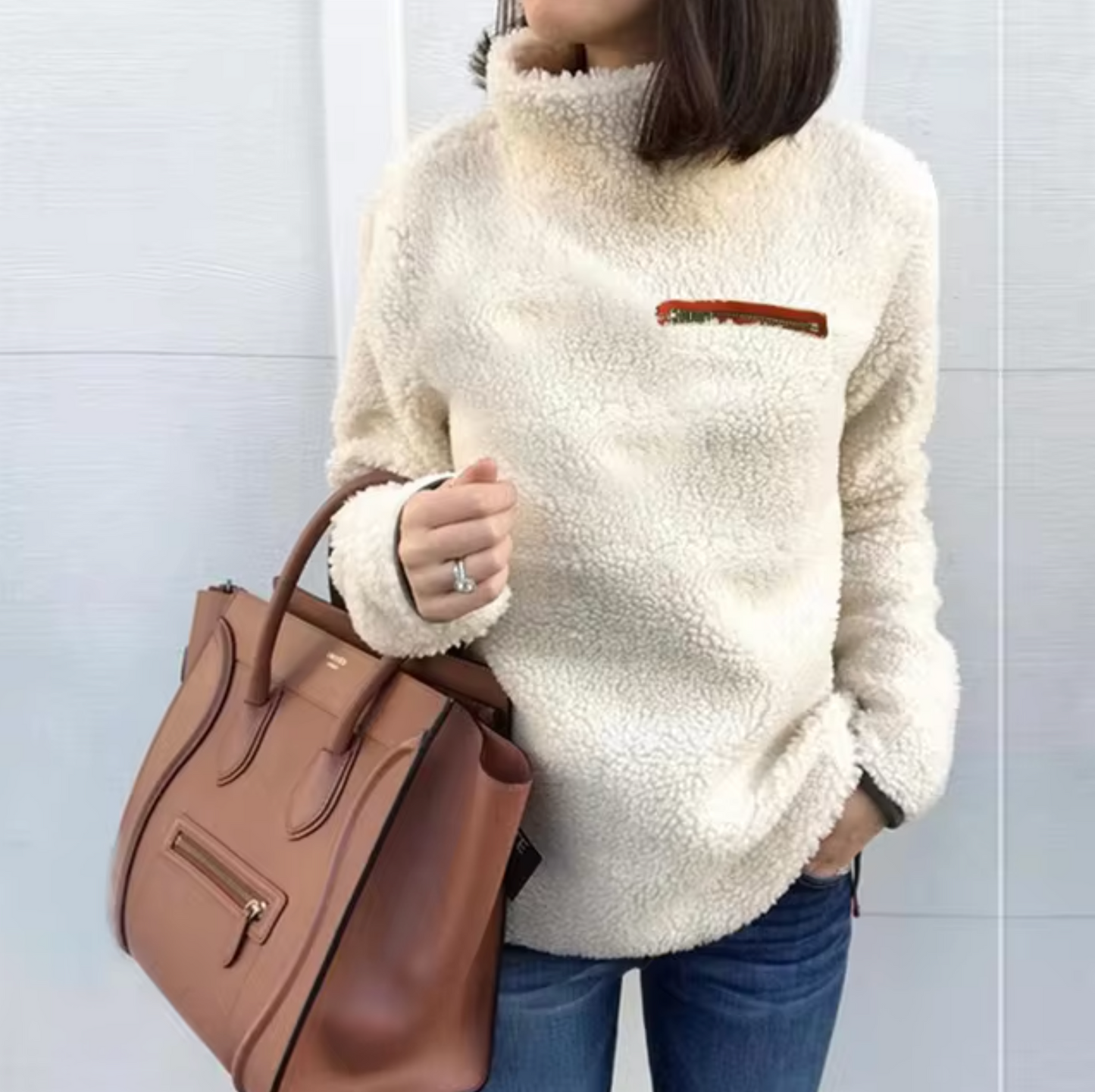 Dam Turtleneck Tröja Mjuk Plysch Figurnära Design med Dragkedja-6
