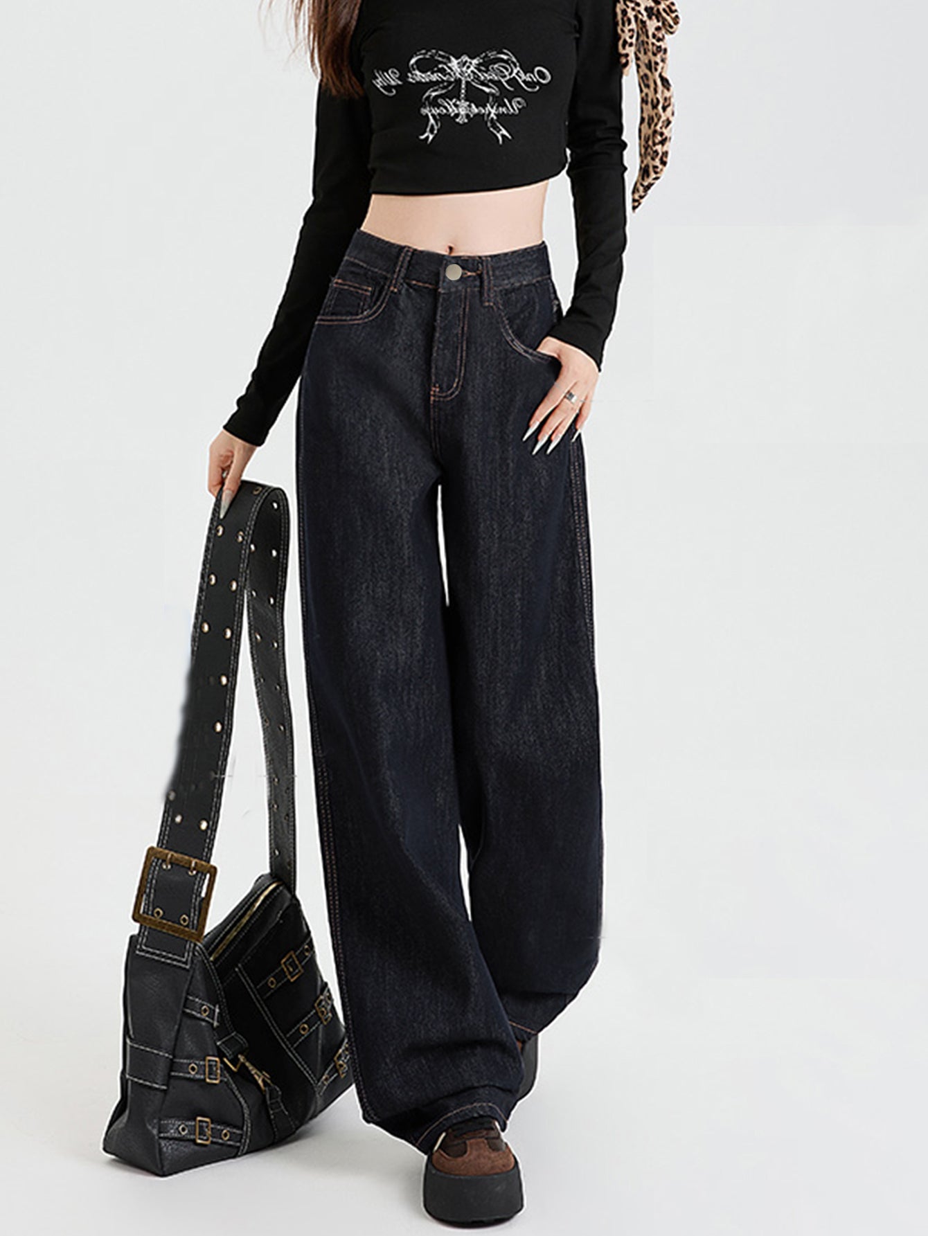 Kvinnors Löst Högmidjade Denimbyxor Golvlängd Bomull-6