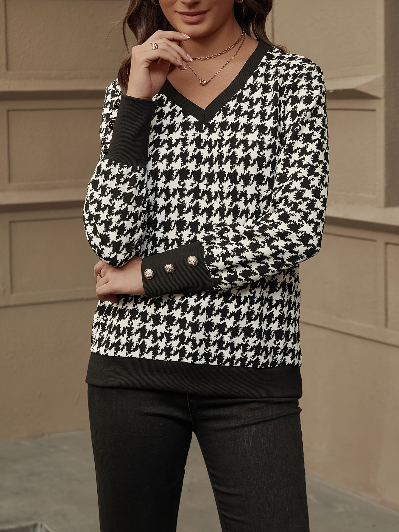 Kvinnors Långärmad Tröja V-ringning Mönstrad Mjuk Stickad Väv 5
