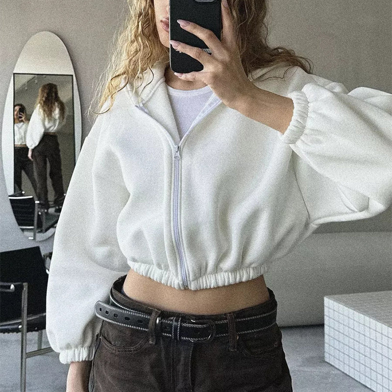 Dam Hoodie Kort Med Blixtlås Ballongärmar Bomullsblandning 12