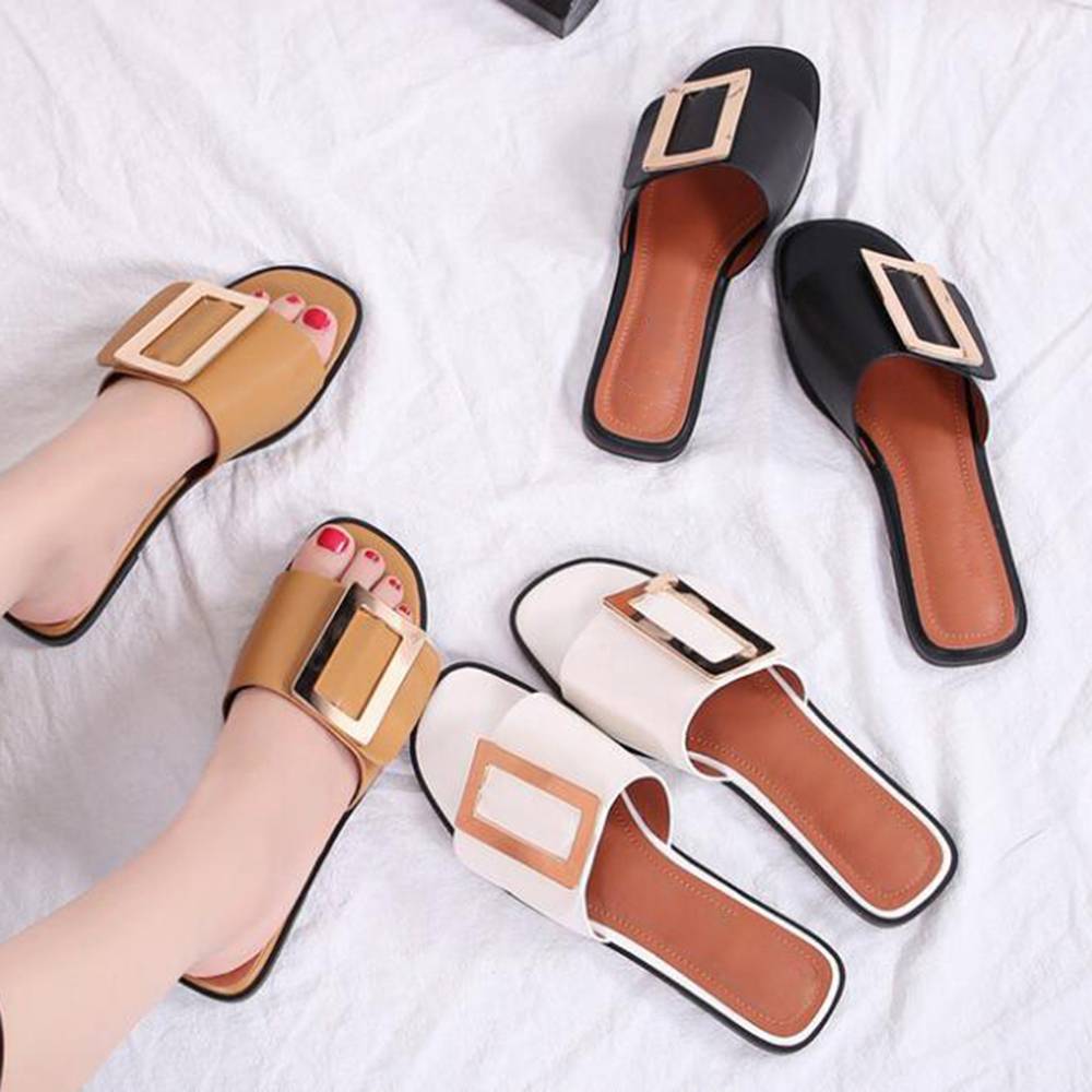 Dam Sandaler Platt Sula med Metall Dekoration i PU och Gummi-4