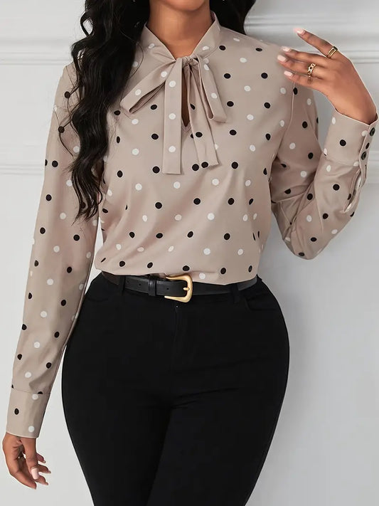 Kvinnors Polka-Dot Blus Justerbar Krage Mjuk Tyg-1