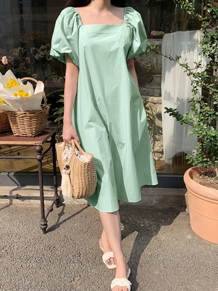 Kvinnors Midi Klänning Puffärmar Bomullsblandning-2