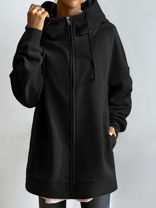 Lång Hoodie Dam Zip-up Plysch för Kalla Dagar-1