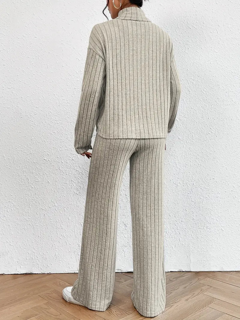 Kvinnors 2-delad Dräkt Ribbad Turtleneck Mjuk Elastisk Material 2