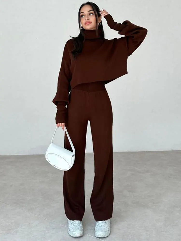 Dam Turtleneck Ensemble Mysig Byxa och Topp Mjuk Blandning-5