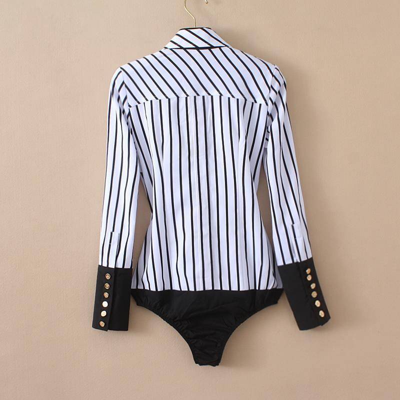 Dam Bodysuit Långärmad Randig Polyester med Vikbar Krage-2