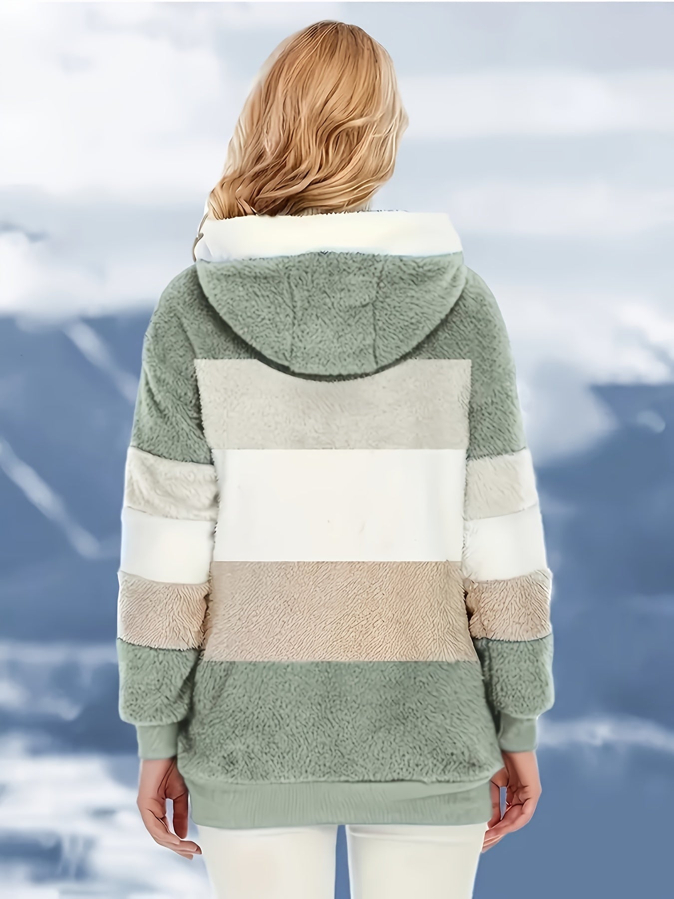 Dam Lång Teddyjacka Färgblockad Teddyfleece med Huva och Fickor 3