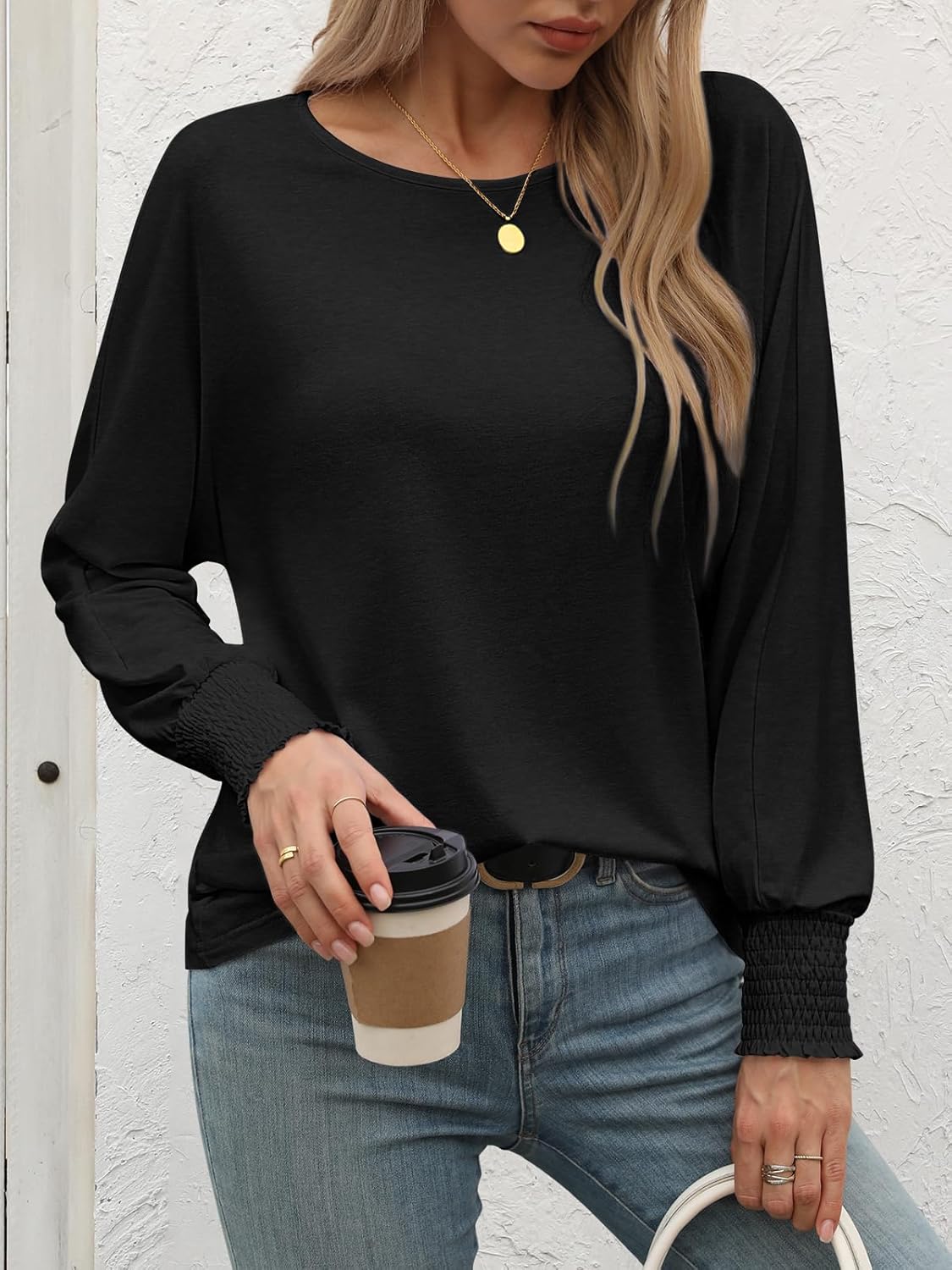 Kvinna Blus med Långa Ärmar och Ruffle Detaljer – 100% Polyester, Vit, Löst Passform, Perfekt för Alla Tillfällen 2