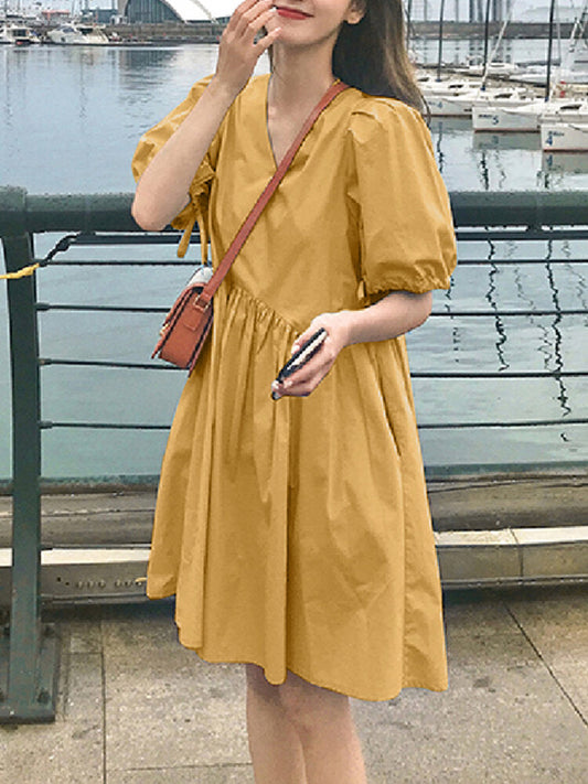 Fina Dam Klänningar Midi Puffärmar V-ringad Polyester-1