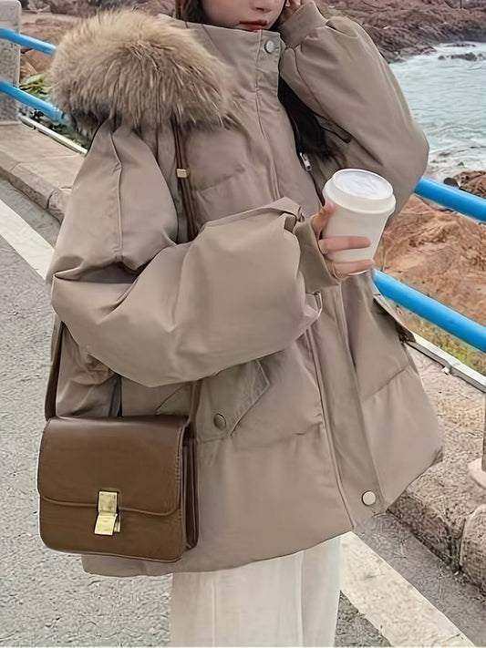 Lång Vinterrock Dam Överdimensionerad med Pälskrage Polyester 1