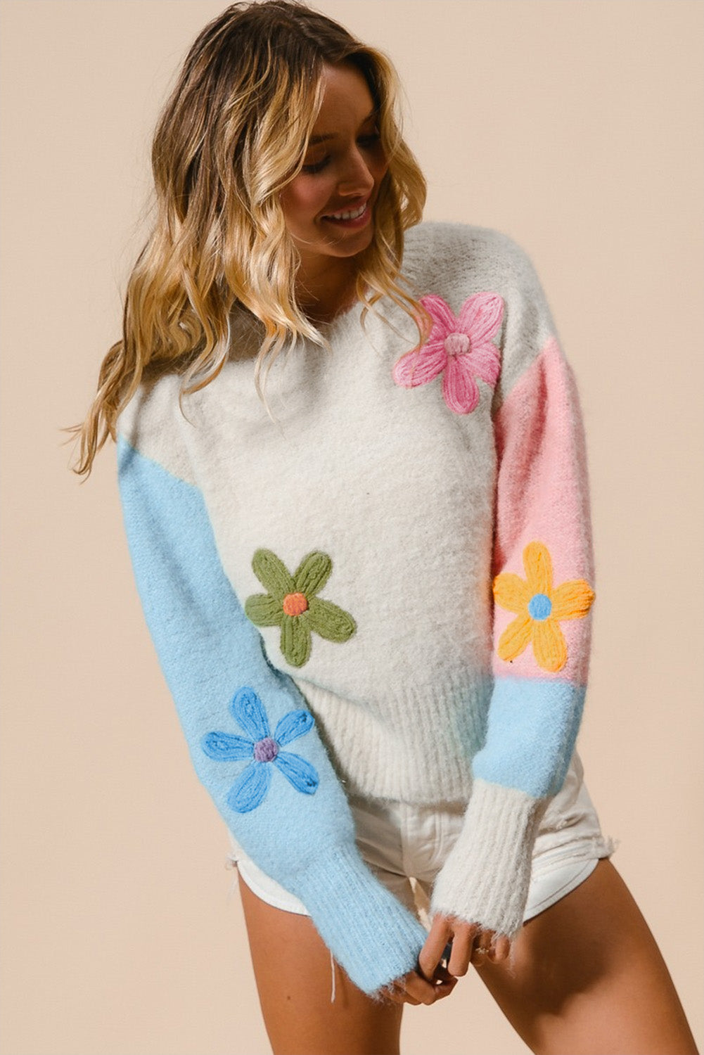 Dam Tröja Färgblockdesign med Blommor Broderier Mjuk Tygblandning-4