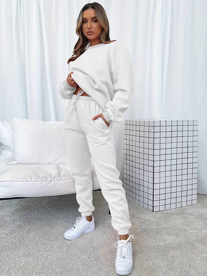 Tvådelat Jogging Set för Dam, Överdimensionerad Polyester, Långärmad Tröja och Medelhöga Byxor 1