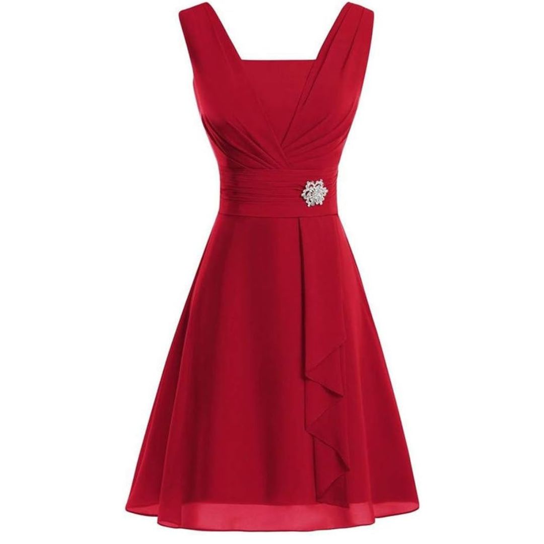 Kvinna Midiklänning V-ringning med Brosch Detaljer Kvalitativt Tyg-2