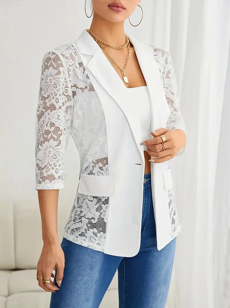 Dam Blazer Öppen Front med Spetsdetaljer i Högkvalitativ Polyester-2