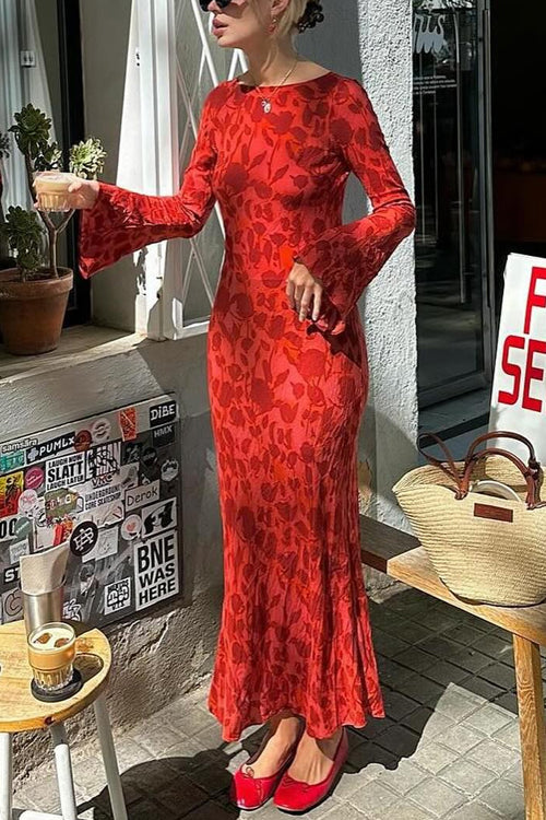 Maxiklänning Dam med Blommönster och Långa Ärmar i Bomull och Polyester-3