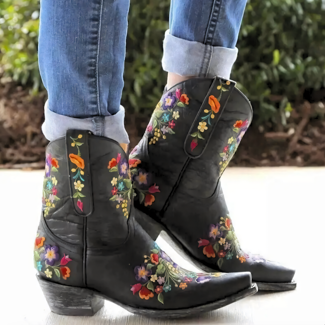 Dam Stövlar Cowgirl Väderbeständiga Läder med Blommor Broderier-6