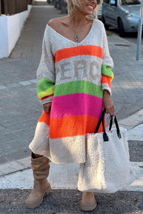 Dam Klänning Midi V-ringning Randig Bomull Polyester-1