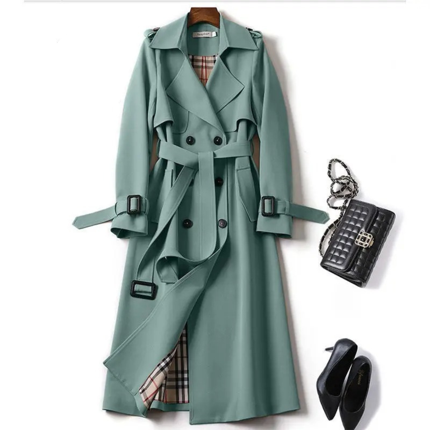 Dam Lång Trench Kappa med Spetsar Polyester-6