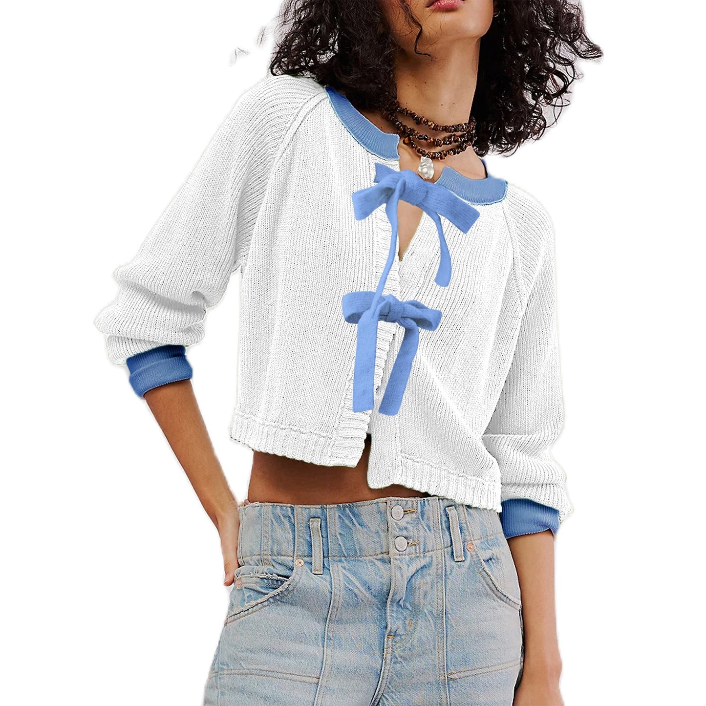 Dam Kort Cardigan Tvåfärgad Akryl med Noddetalj-3