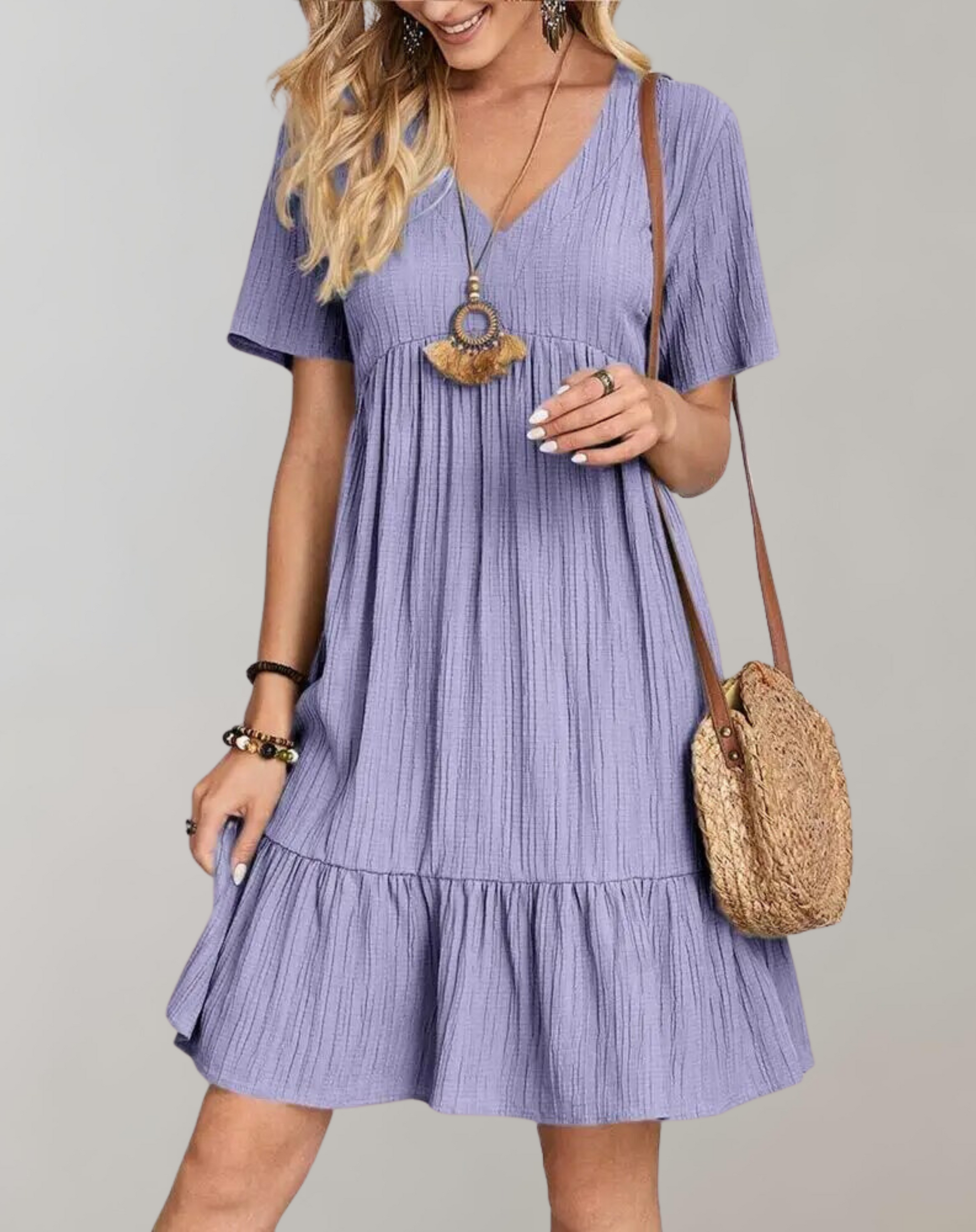 Kvinnor Miniklänning V-hals Rufflar Bomull Avslappnad Passform 12