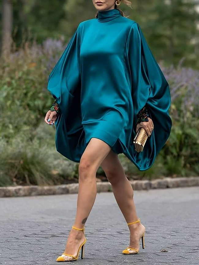 Kvinnors Miniklänning Hög Krage Flödande Ärmar Kvalitativt Tyg 2