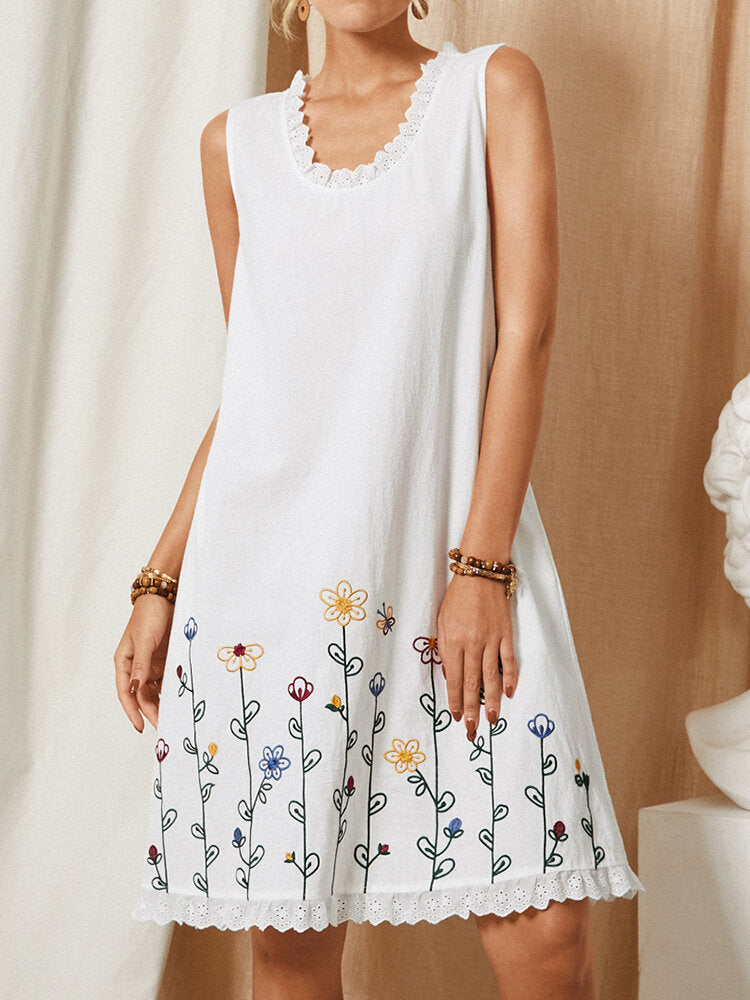 Dam Midi Klänning Broderad Blommönster Bomull för Sommar-2