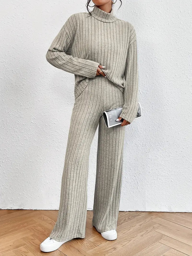 Kvinnors 2-delad Dräkt Ribbad Turtleneck Mjuk Elastisk Material 6
