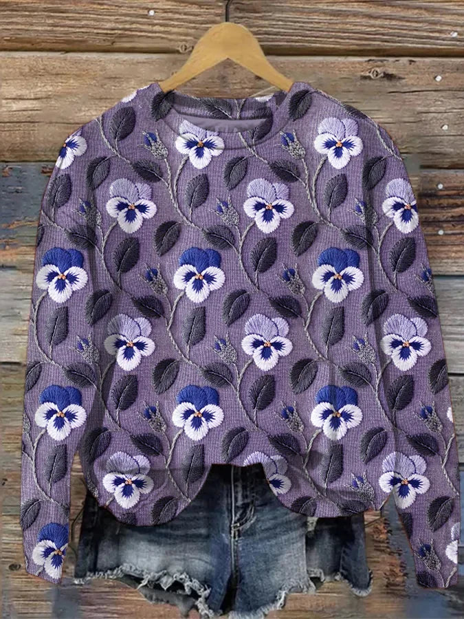 Variant image for Dam Hoodie Grafiska Blommor Broderi Mjuk Tygblandning-14