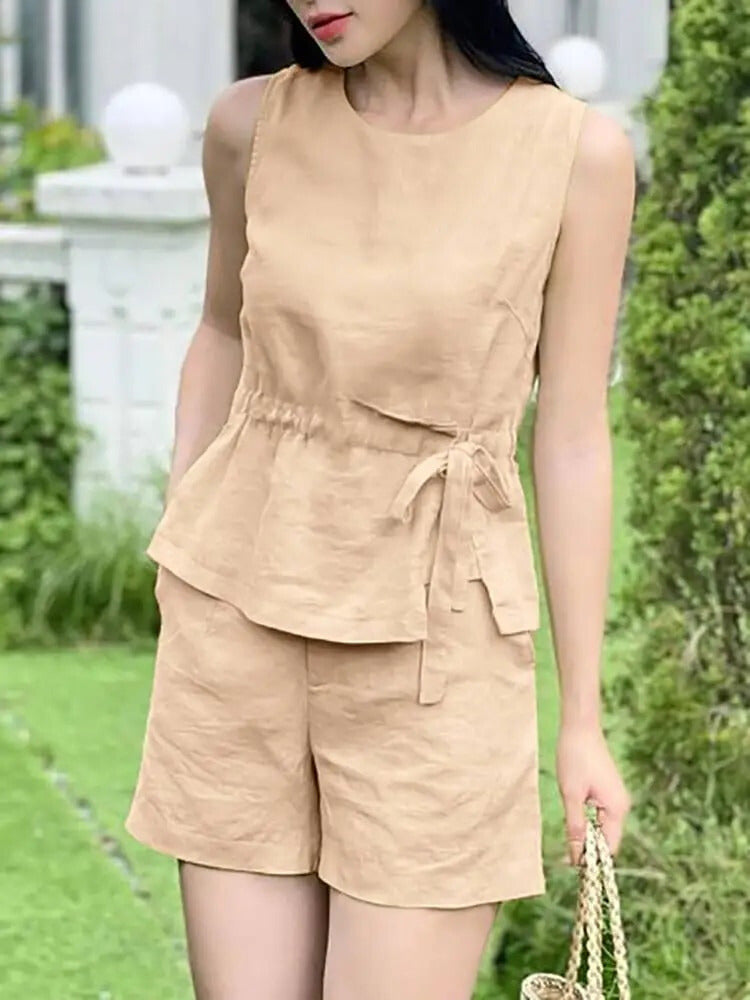 Dam Set Ärmlös Blus O-Hals Polyester Korta Byxor 2