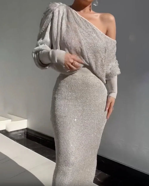 Dam Klänning Öppen Axel med Glittrande Detaljer Polyester för Fest och Bröllop 1