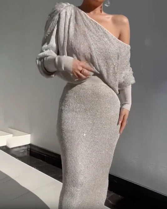Dam Klänning Öppen Axel med Glittrande Detaljer Polyester för Fest och Bröllop 1