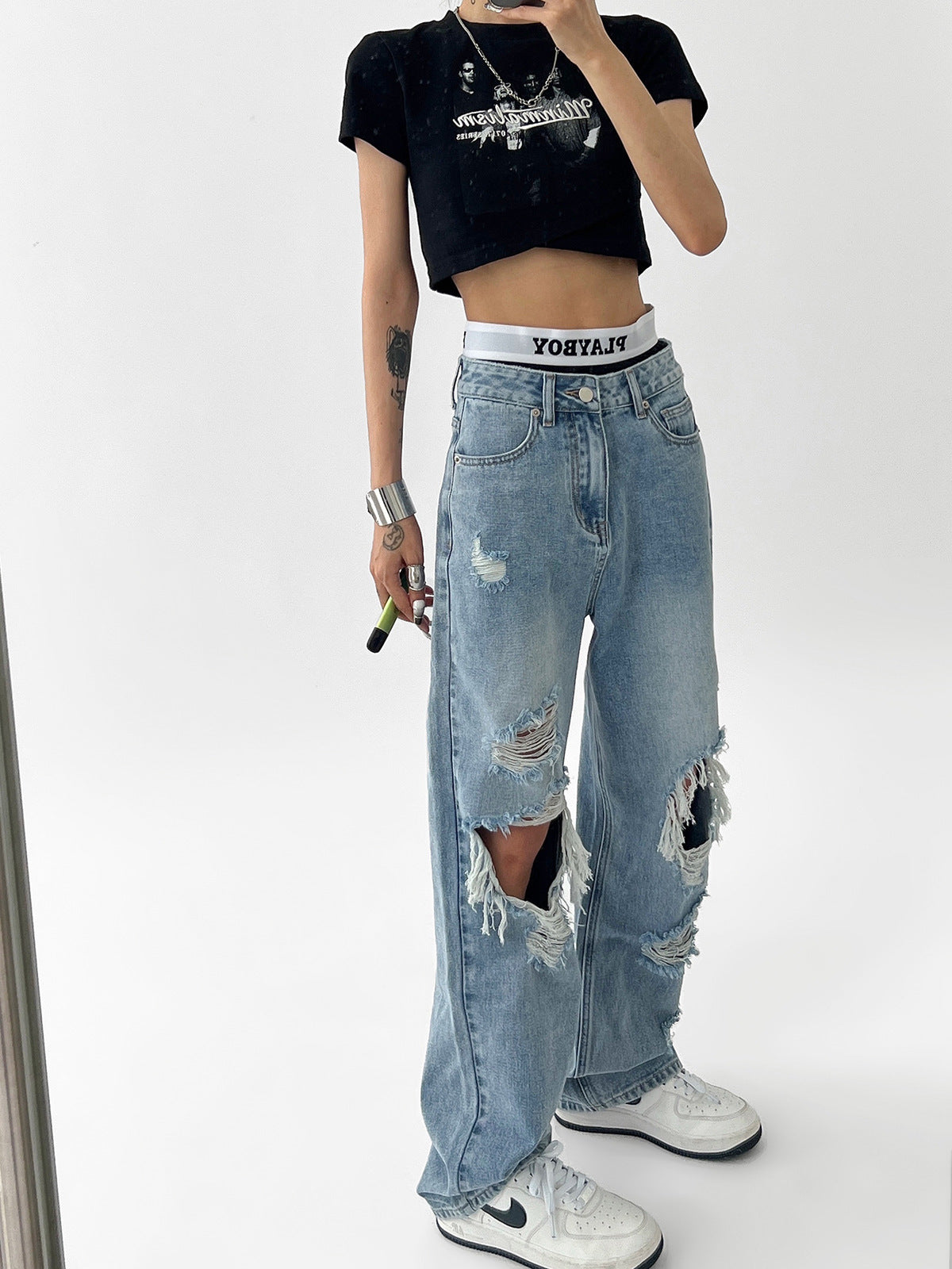 Dam Jeans Trasiga Design Tunt Bomull-6