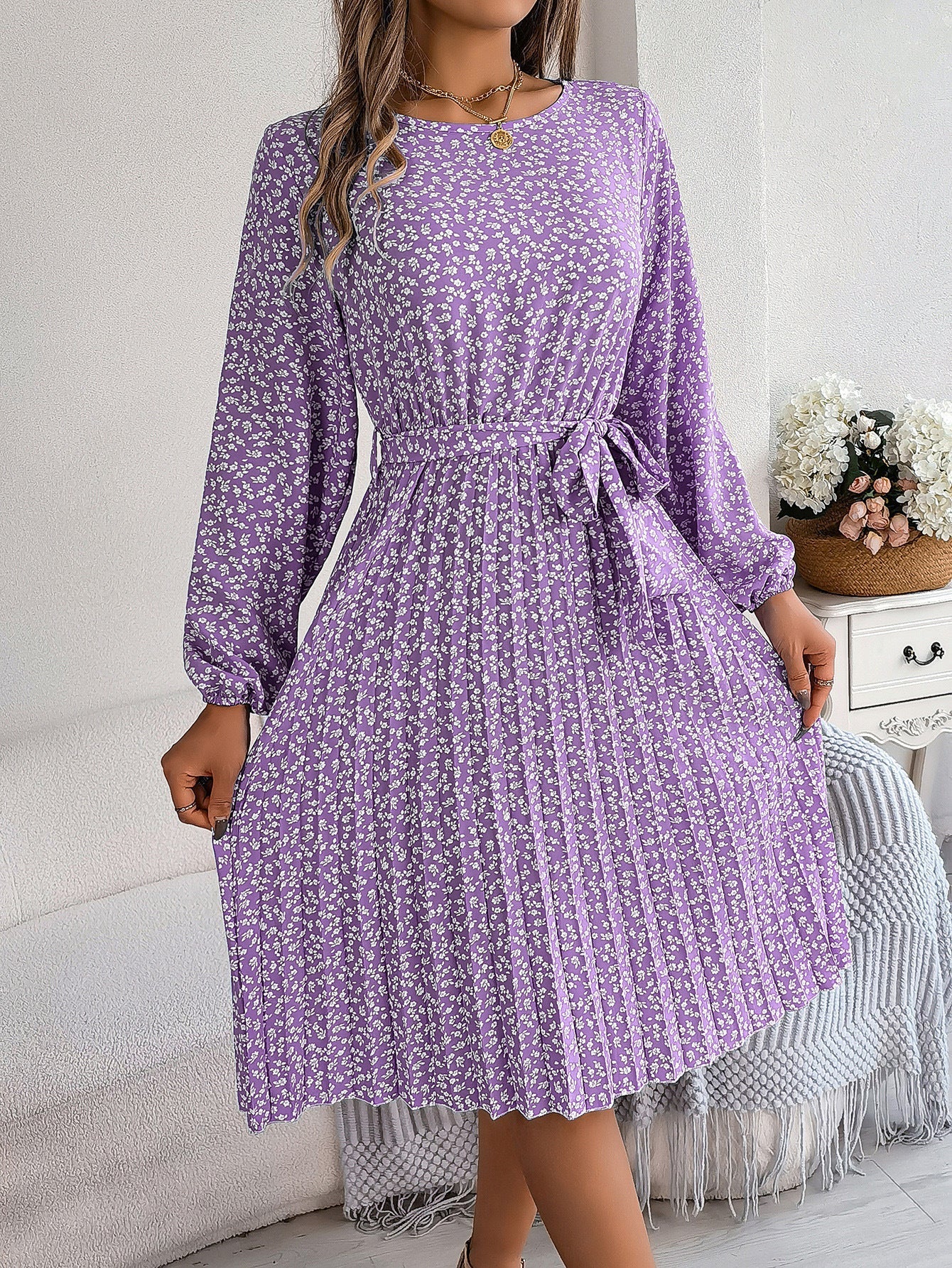 Rynkad Kjol för Kvinna med Blommigt Tryck – Hög Midja, 100% Polyester, Bekväm Passform, Perfekt för Vardag och Fest 10